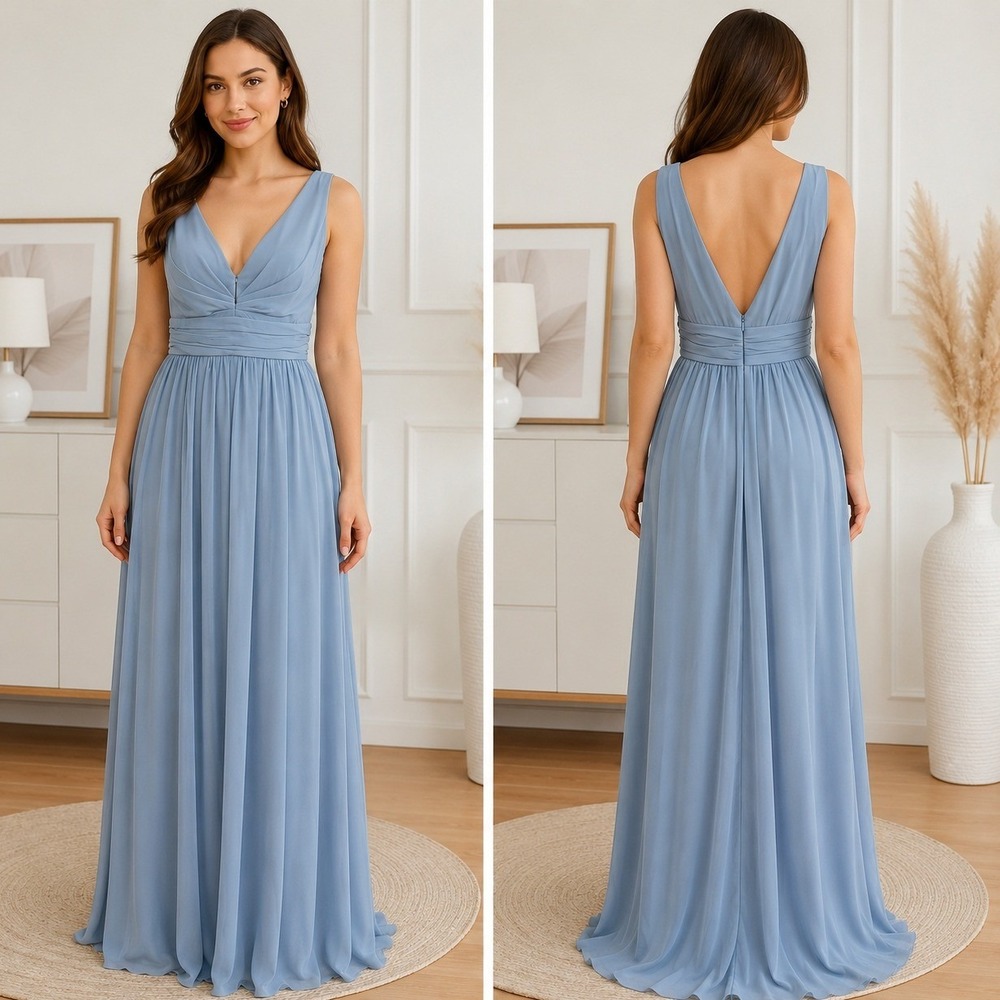 NWT Lulus Ruched A Line Chiffon Maxi Dress Large Light Blue V-Neck Bridesmaid